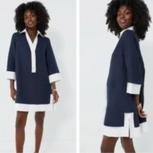 Navy White Linen Blend 3/4 Sleeve Shirt Dress Size S